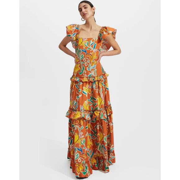 LA DOUBLEJ Scarlett Floral Tiered Maxi Dress Lily Orange Floral Sz XL {KK21} - Picture 3 of 14